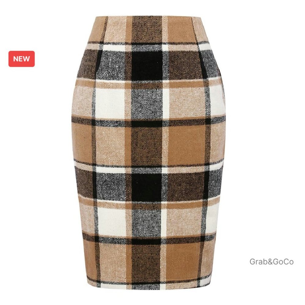 Wool Plaid Pencil Skirt High Waisted Bodycon Midi Classic Chic Fall Winter